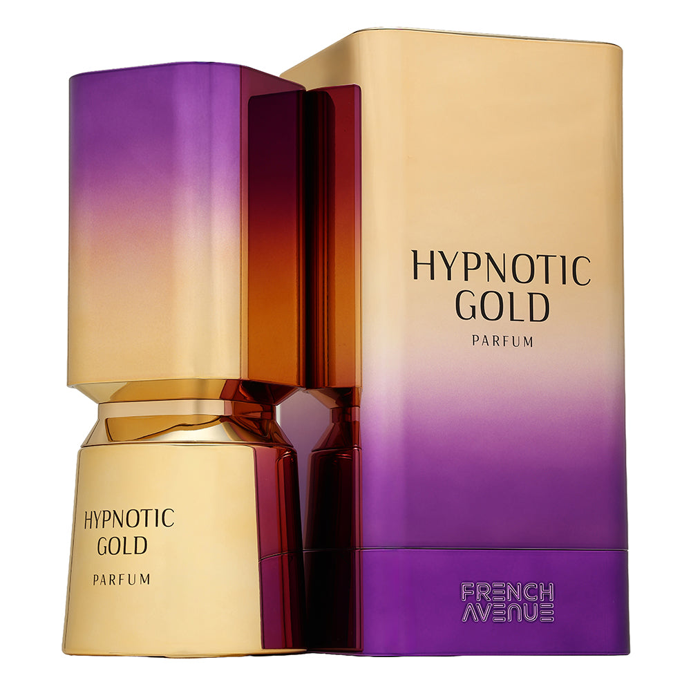French Avenue Hypnotic Gold – gold-violetter Flakon vor der Originalverpackung auf weißem Hintergrund