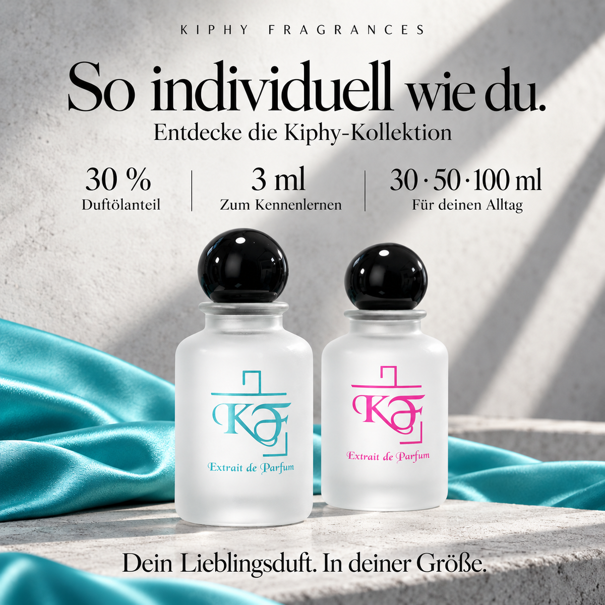 Kiphy-Kollektion: Extrait de Parfum in 30, 50 und 100 ml sowie 3-ml-Probe.