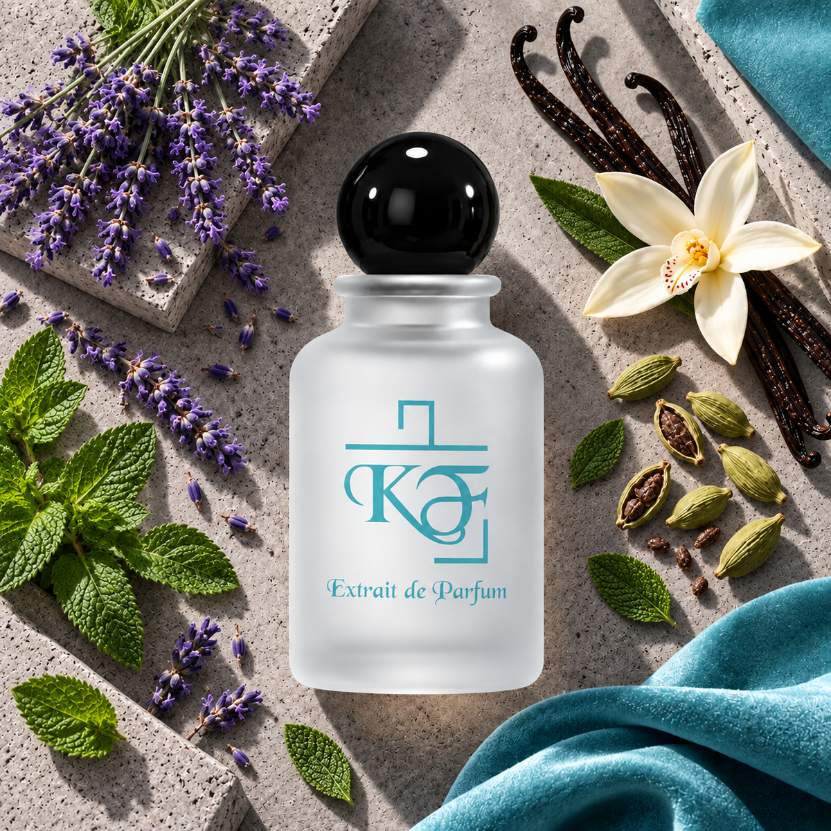 Kiphy No. 100 Classic Power mit Lavendel, Minze, Kardamom und Vanille auf Beton mit Tiffany-Tuch