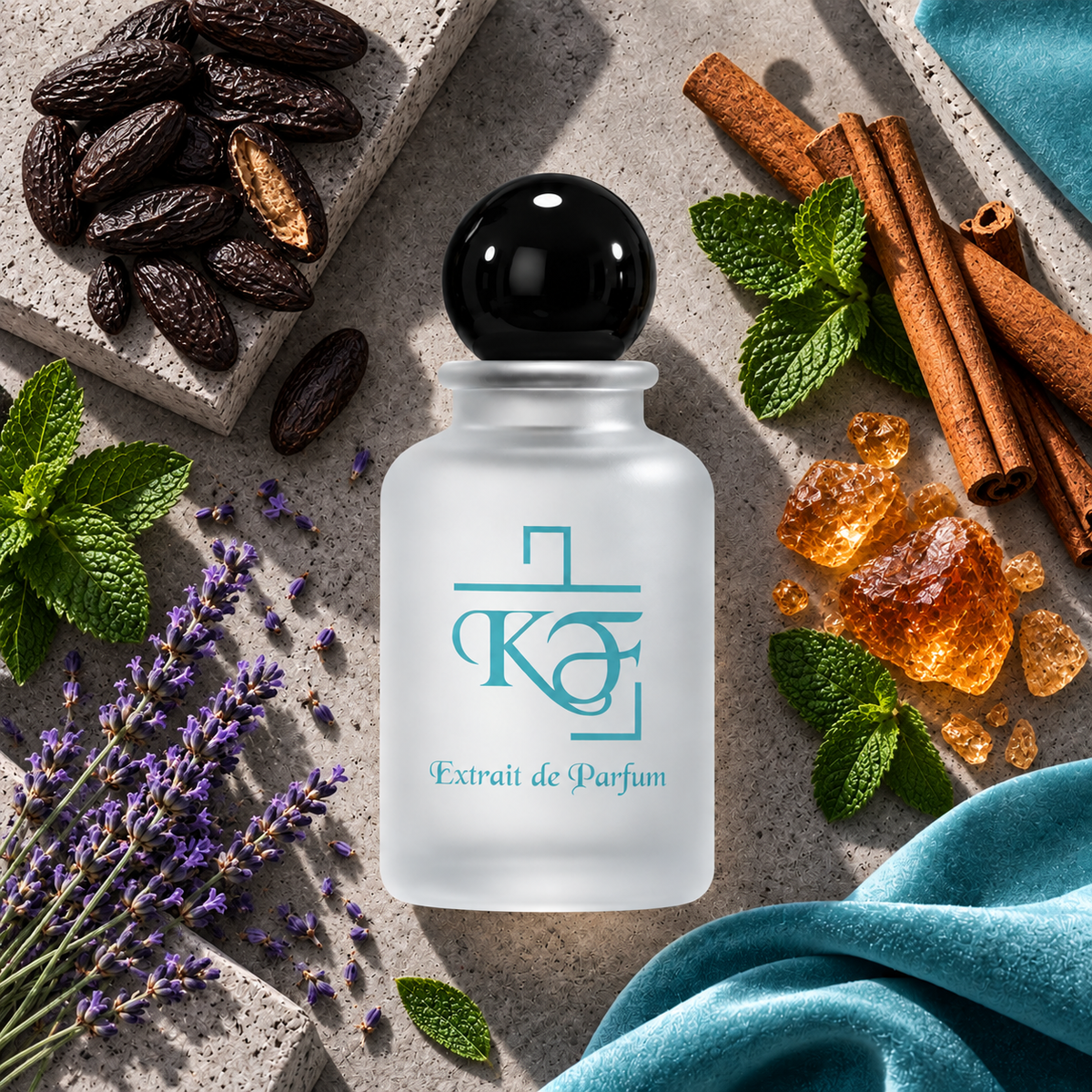 Kiphy No. 101 Elixir Night mit Tonkabohne, Lavendel, Zimt, Minze und Benzoe auf Beton mit Tiffany-Tuch