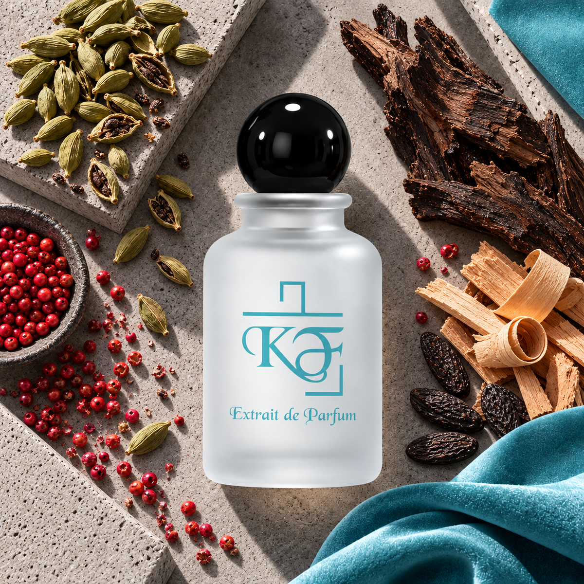 Kiphy No. 105 Oud Luxury mit Kardamom, Oud, Sandelholz, rosa Pfeffer und Tonkabohne auf Beton mit Tiffany-Tuch