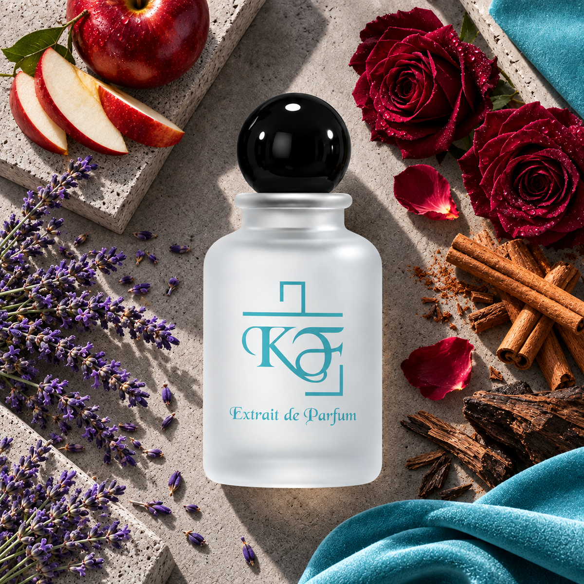 Kiphy No. 107 Golden Night mit Lavendel, Apfel, Zimt, bulgarischer Rose und laotischem Oud auf Beton mit Tiffany-Tuch