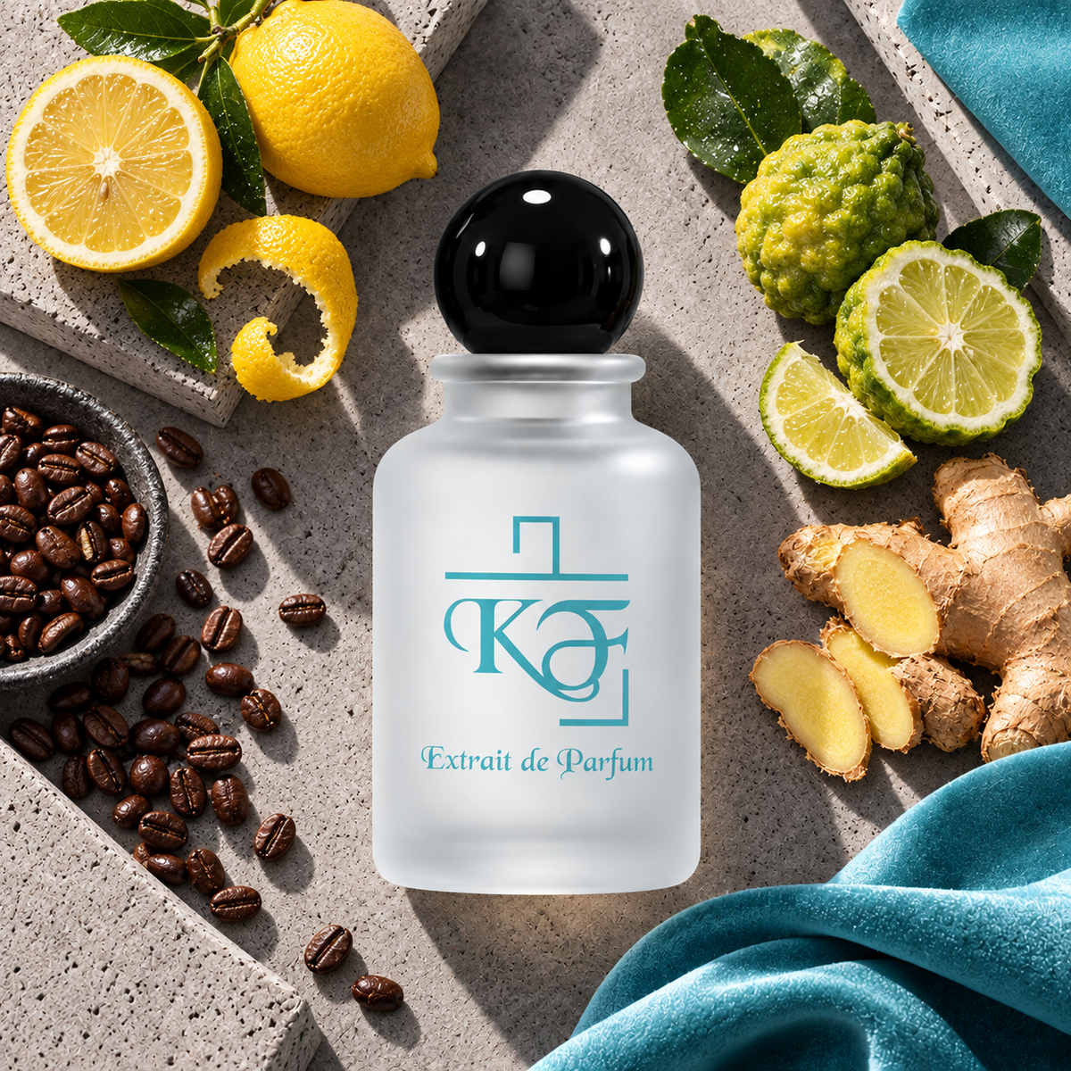 Kiphy No. 97 Fresh Overdose mit Zitrone, Bergamotte, Ingwer und Kaffee auf Beton mit Tiffany-Tuch