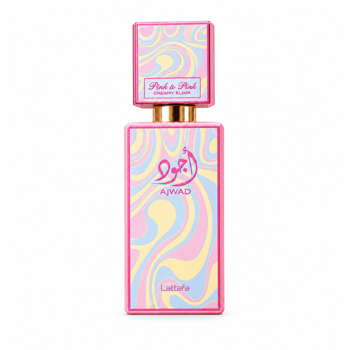 Lattafa Ajwad Pink to Pink Creamy Elixir Eau de Parfum – Flakon auf weißem Hintergrund