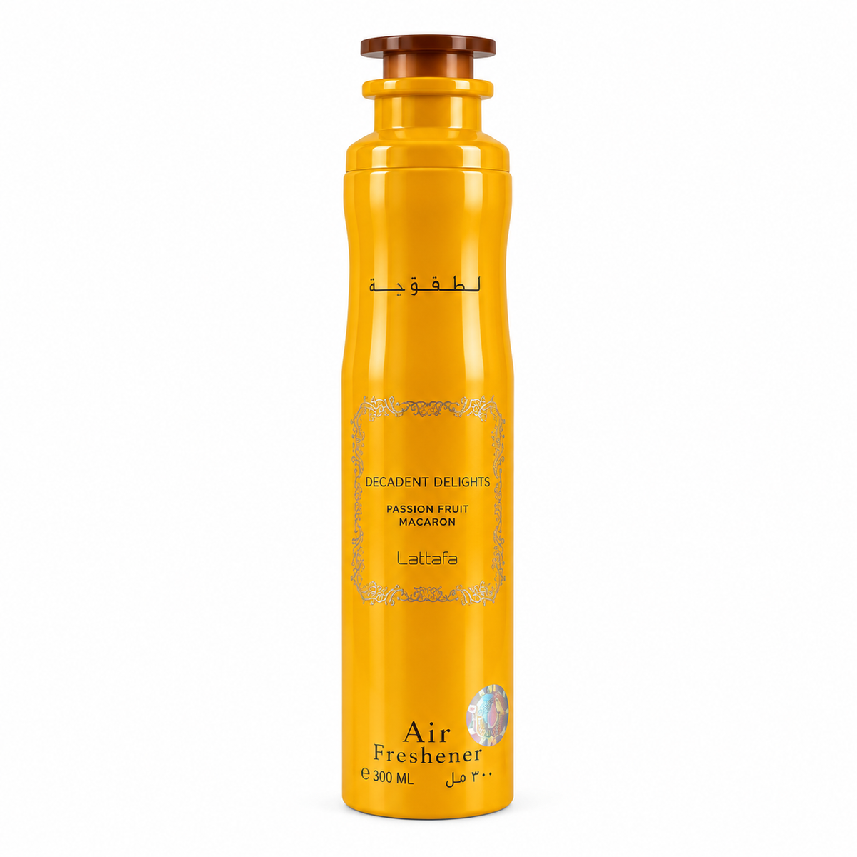Lattafa Decadent Delights Passion Fruit Macaron Raumspray 300 ml auf weißem Hintergrund