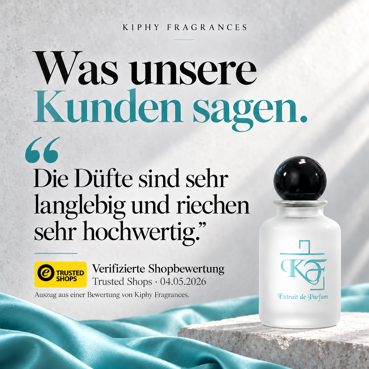 Auszug aus einer verifizierten Trusted-Shops-Bewertung von Kiphy Fragrances vom 04.05.2026.