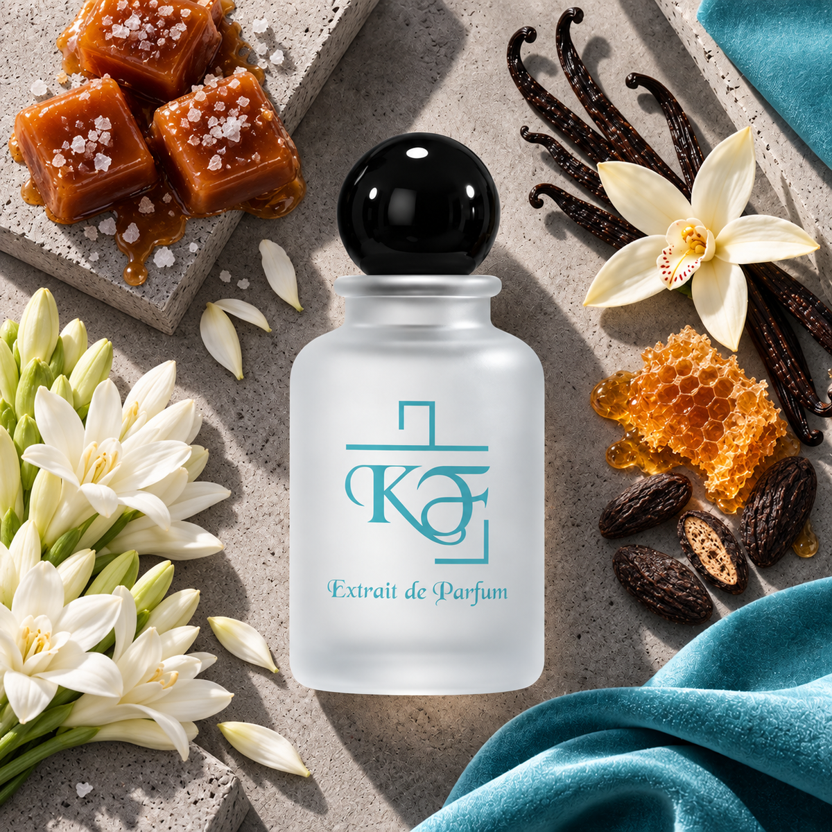 Kiphy No. 102 Sweet Scandal mit Salzkaramell, Tuberose, Vanille, Honig und Tonkabohne auf Beton mit Tiffany-Tuch
