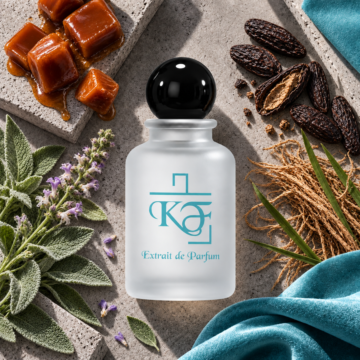 Kiphy No. 103 Power Scandal mit Karamell, Tonkabohne, Muskatellersalbei und Vetiver auf Beton mit Tiffany-Tuch