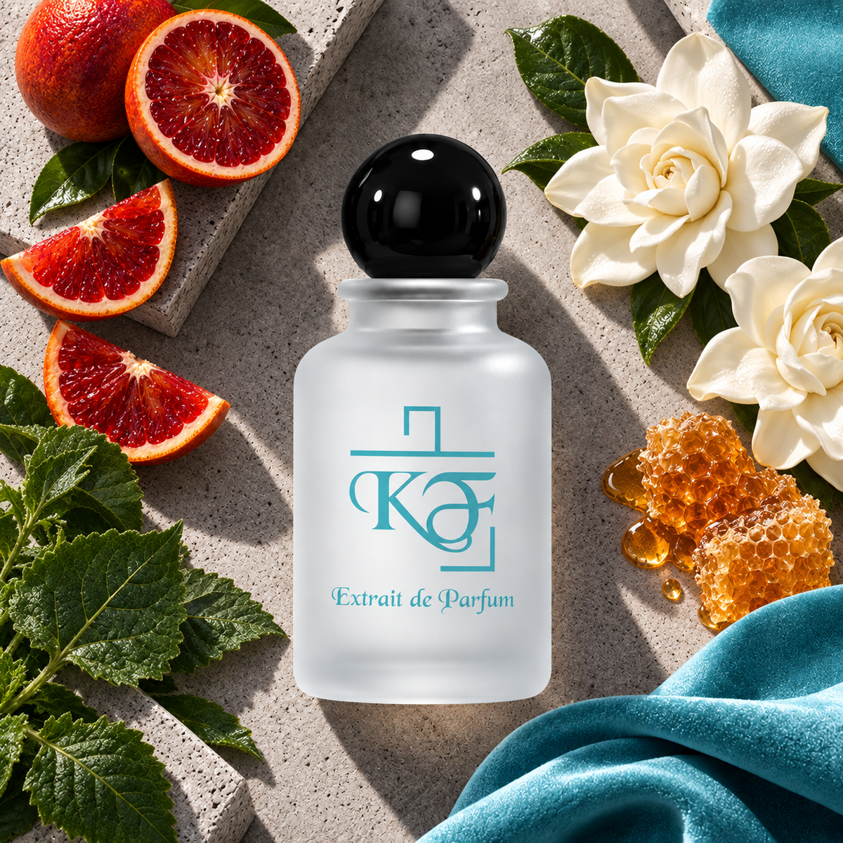 Kiphy No. 104 Femme Scandal mit Blutorange, Gardenie, Honig und Patchouli auf Beton mit Tiffany-Tuch
