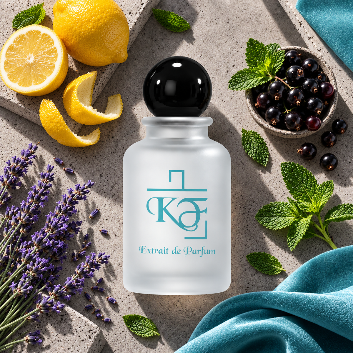Kiphy No. 95 Citrus Elite mit Zitrone, Minze, Lavendel und schwarzer Johannisbeere auf Beton mit Tiffany-Tuch