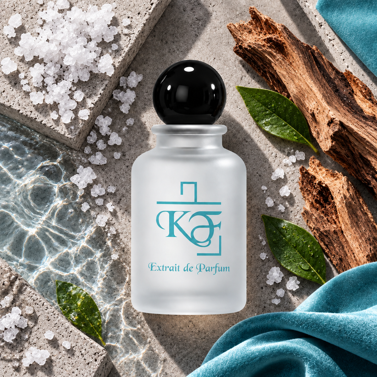Kiphy No. 96 Ocean Power mit Meerwasser, Salz, Zedernholz und grünen Noten auf Beton mit Tiffany-Tuch