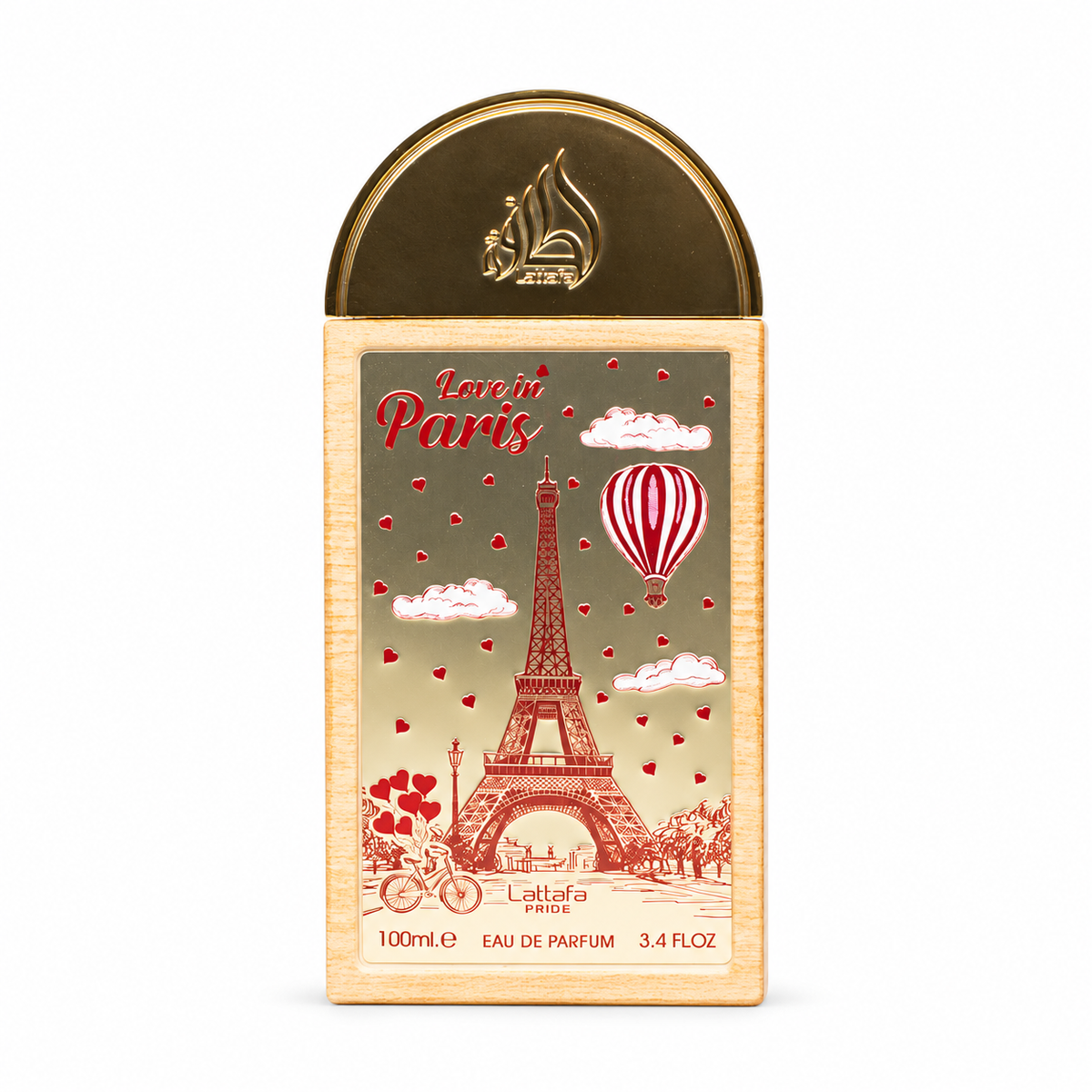 Lattafa Pride Love in Paris Eau de Parfum – Flakon auf weißem Hintergrund